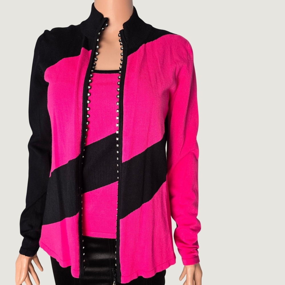 Belldini Colorblock Rhinestone Zip Cardigan Tank Sweater Set Medium Pink Black